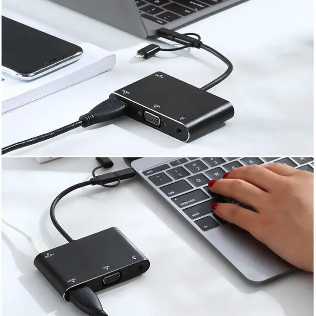 Alt view image 7 of 7 - 7585B 3 in 1 Micro USB / 8 Pin / Type-C to VGA / HDTV / AV Adapter Mobile HD Screen Player (White)