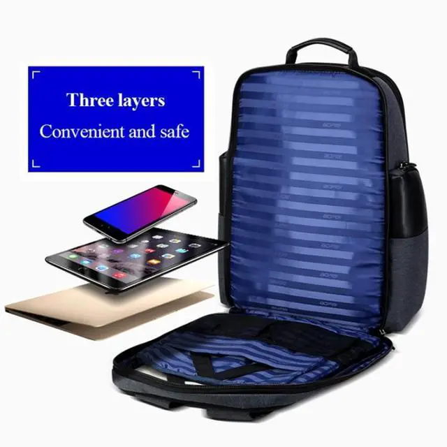 Alt view image 5 of 7 - Bopai 851-014318 Fashion Outdoor Breathable Waterproof Anti-theft Three-layer Large Capacity Double Shoulder Bag,with USB Charging Port, Size: 31x17x44cm(Grey)