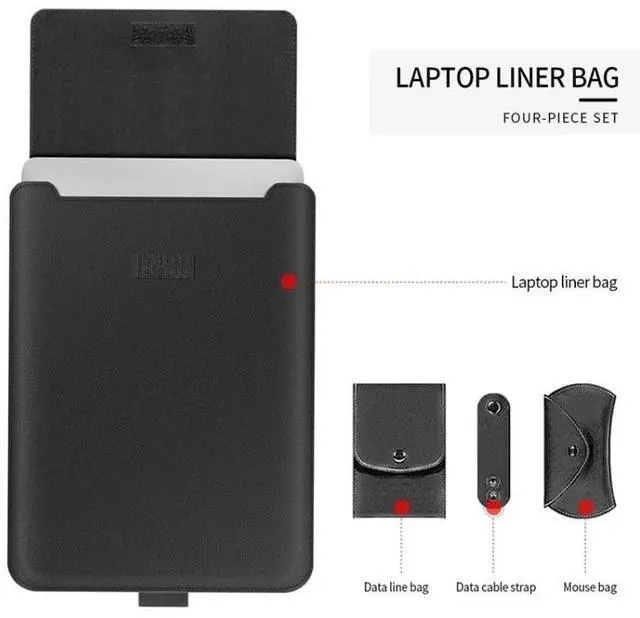 Alt view image 3 of 7 - 4 in 1 Universal Waterproof PU Leather Laptop Liner Bag with Handle & Stand & Pen Holder + 2 Winders + Mouse Bag + Charger Bag Set for 13 / 14 inch Laptops (Green)