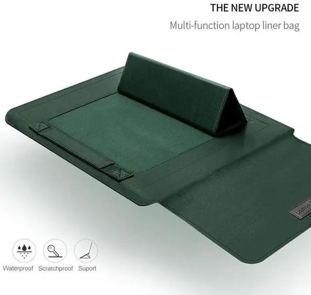 Alt view image 7 of 7 - 4 in 1 Universal Waterproof PU Leather Laptop Liner Bag with Handle & Stand & Pen Holder + 2 Winders + Mouse Bag + Charger Bag Set for 15 inch Laptops (Green)