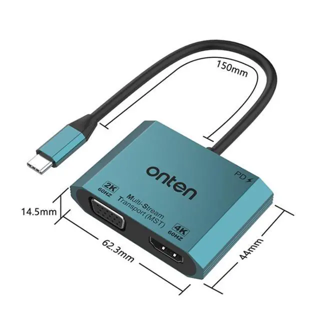 Alt view image 4 of 7 - Onten M205 3 in 1 Type-C to HDMI+VGA+PD Fast Charge Video Converter (Green)