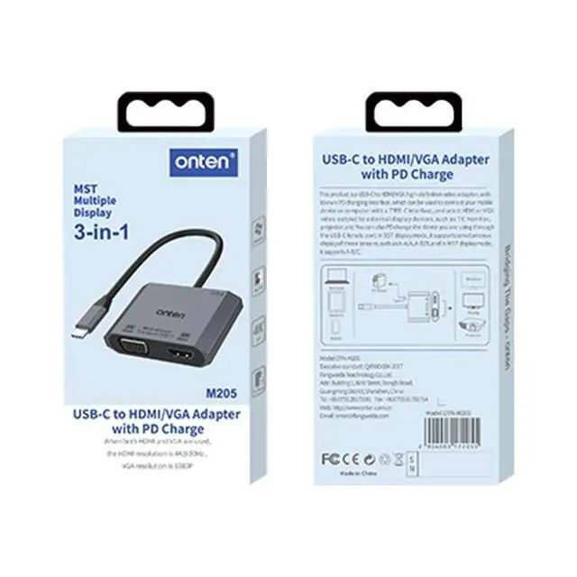 Alt view image 6 of 7 - Onten M205 3 in 1 Type-C to HDMI+VGA+PD Fast Charge Video Converter (Green)