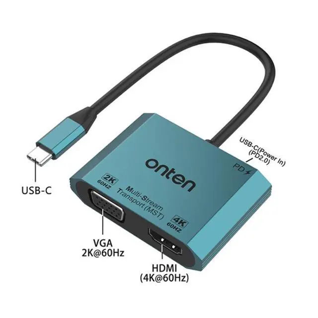 Alt view image 5 of 7 - Onten M205 3 in 1 Type-C to HDMI+VGA+PD Fast Charge Video Converter (Green)