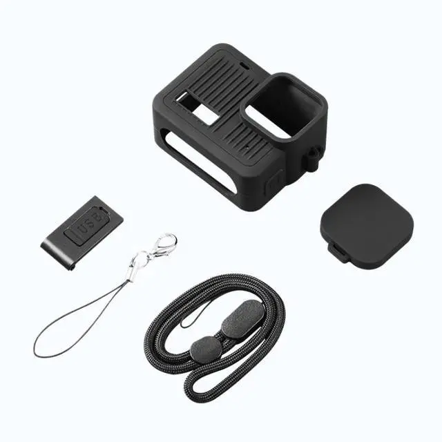 Alt view image 6 of 6 - For GoPro HERO 2024 Silicone Protective Case Side Interface Cover with Wrist Strap & Lens Cover (Black)