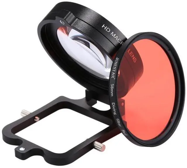 Alt view image 4 of 7 - JSR 58mm 16X Macro Lens + Red Diving Lens Filter with Lens Cover + Lens Filter Ring Adapter + String + Cleaning Cloth for GoPro HERO6 /5 Dive Housing