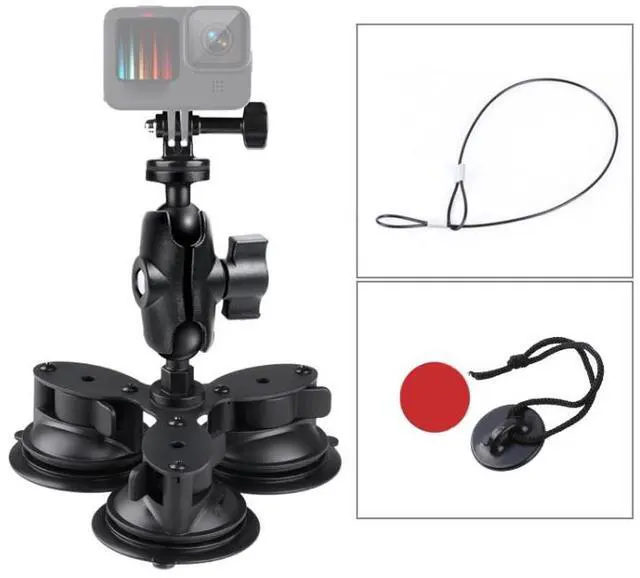 Main image of Triangle Suction Cup Mount Holder with Tripod Adapter & Steel Tether & Safety Buckle (Black)