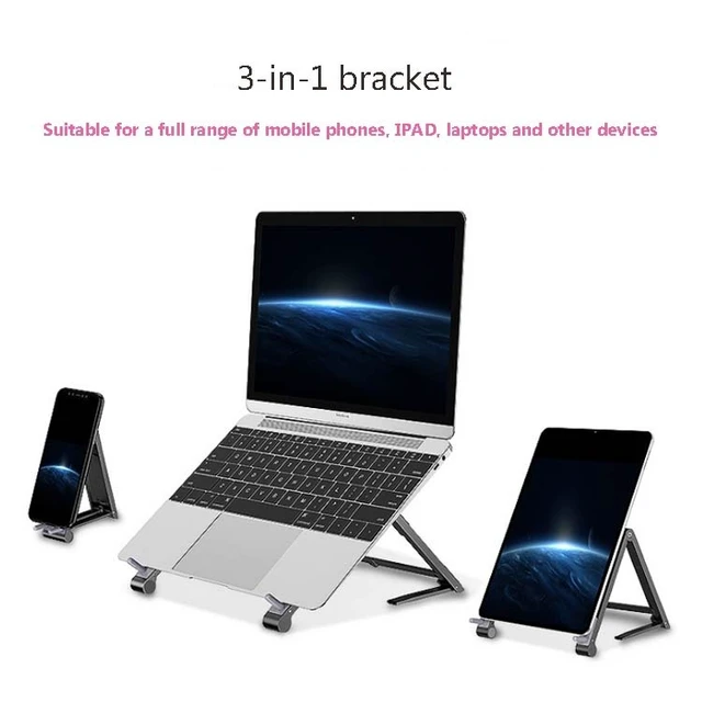 Alt view image 3 of 7 - Metal Laptop Stand Computer Cooling Folding Mini Flat Raised Bracket (Gray)