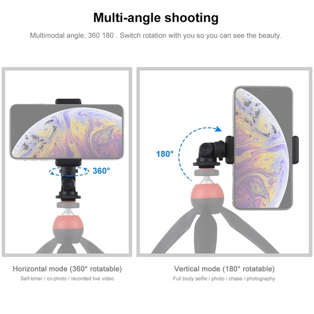 Alt view image 5 of 7 - PULUZ 1/4 inch Screw Thread Cold Shoe Tripod Mount Adapter with Phone Clamp