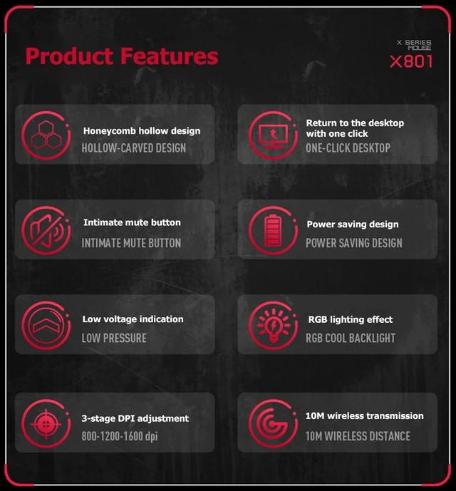 Alt view image 2 of 12 - FMOUSE X801 8 Keys 1600DPI Hollow Luminous Gaming Office Mouse,Style: Black Wireless Rechargeable Black Wireless Rechargeable