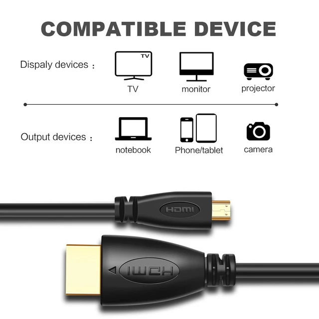 Alt view image 6 of 7 - 1.8m Gold Plated 3D 1080P Micro HDMI Male to HDMI Male cable for Mobile Phone, Cameras, GoPro