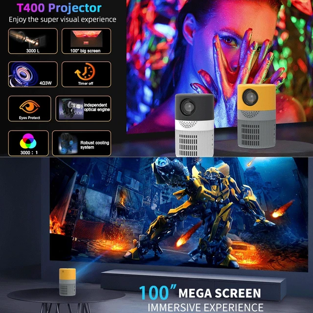 Alt view image 3 of 14 - T400 100 inch Screen 3000 Lumens LED Mini Projector, Plug Type:US Plug Base Edition, US Plug (Black White)
