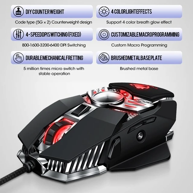 Alt view image 4 of 5 - T-WOLF V10 USB Interface 7 Buttons 6400 DPI Gaming Wired Mouse Custom Macro Programming 4-Color Breathing Light Gaming Mouse, Cable Length: 1.5m(Gun Color)