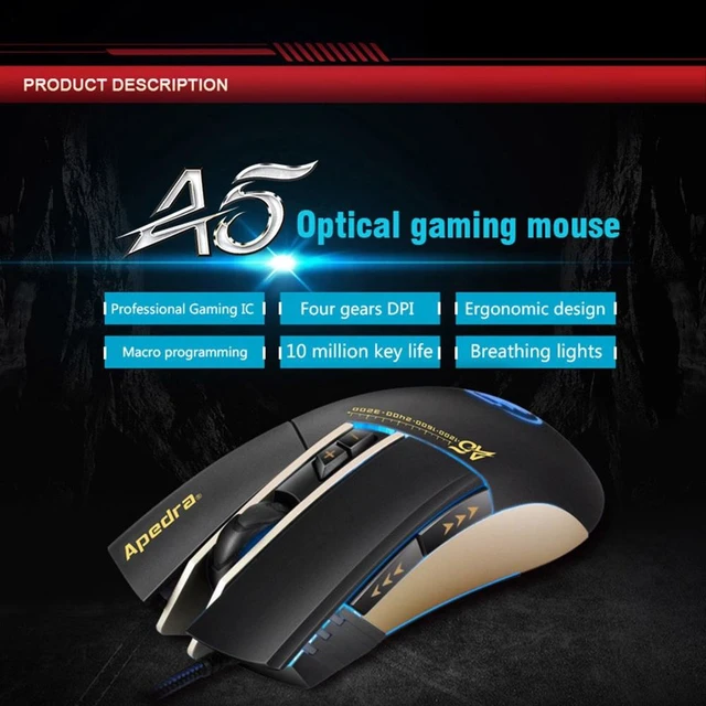 Alt view image 7 of 7 - Apedra iMICE A5 High Precision Gaming Mouse LED four color controlled breathing light USB 7 Buttons 3200 DPI Wired Optical Gaming Mouse for Computer PC Laptop(Black)