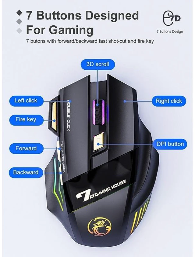 Alt view image 3 of 14 - iMICE GW-X7 2.4G + Bluetooth Dual Mode 7-button Silent Rechargeable Wireless Gaming Mouse with Colorful RGB Lights GW-X7 2.4G + Bluetooth (Black)