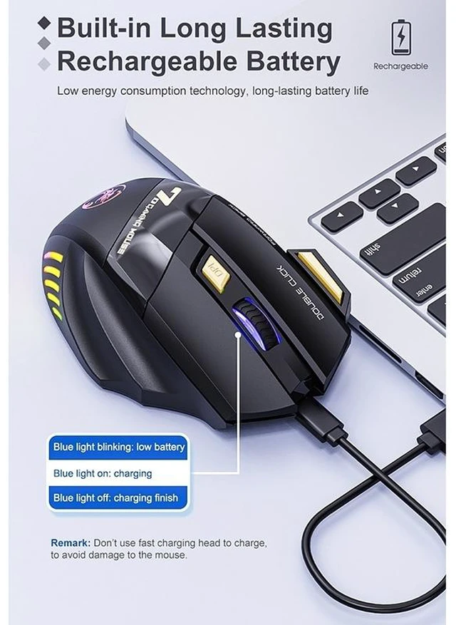 Alt view image 5 of 14 - iMICE GW-X7 2.4G + Bluetooth Dual Mode 7-button Silent Rechargeable Wireless Gaming Mouse with Colorful RGB Lights GW-X7 2.4G + Bluetooth (Black)