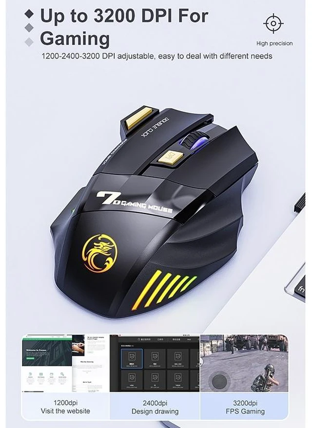 Alt view image 7 of 14 - iMICE GW-X7 2.4G + Bluetooth Dual Mode 7-button Silent Rechargeable Wireless Gaming Mouse with Colorful RGB Lights GW-X7 2.4G + Bluetooth (Black)