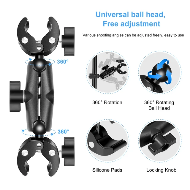 Alt view image 4 of 13 - PULUZ Motorcycle Dualheads Crab Clamp Action Camera Handlebar Fixed Mount(Black)