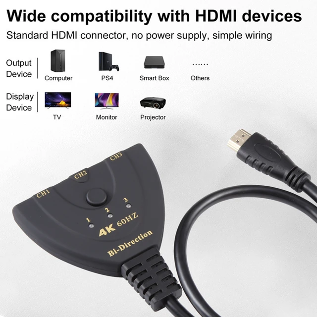 Alt view image 2 of 5 - 3 x 1 4K 60Hz HDMI Bi-Direction Switcher with Pigtail HDMI Cable