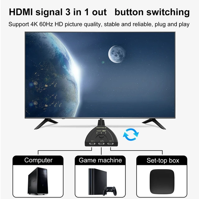 Alt view image 4 of 5 - 3 x 1 4K 60Hz HDMI Bi-Direction Switcher with Pigtail HDMI Cable