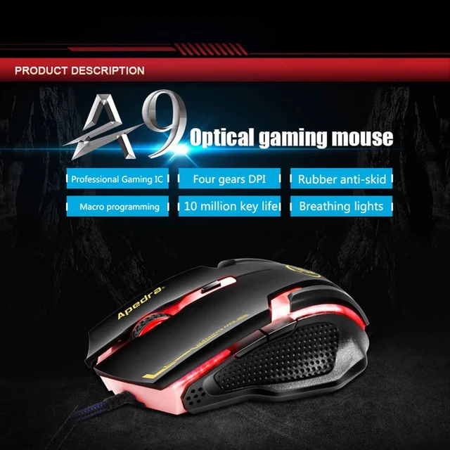 Alt view image 6 of 7 - Apedra iMICE A9 High Precision Gaming Mouse LED four color controlled breathing light USB 6 Buttons 3200 DPI Wired Optical Gaming Mouse for Computer PC Laptop(Black)