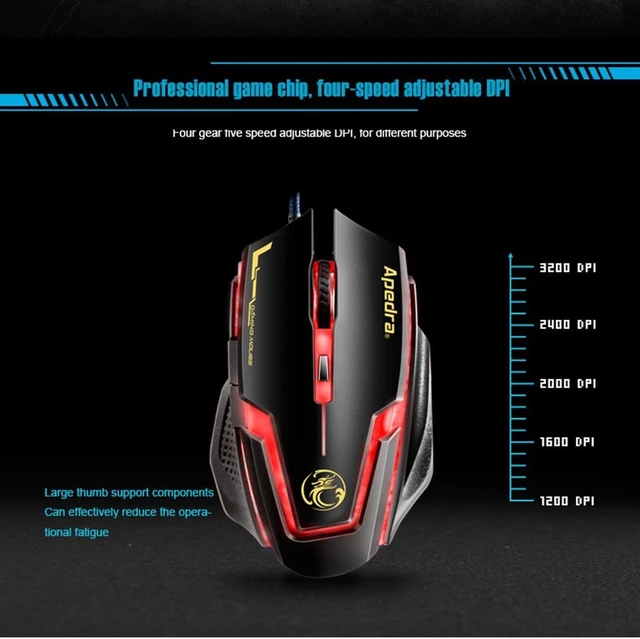 Alt view image 7 of 7 - Apedra iMICE A9 High Precision Gaming Mouse LED four color controlled breathing light USB 6 Buttons 3200 DPI Wired Optical Gaming Mouse for Computer PC Laptop(Black)