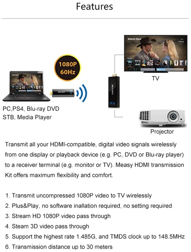 Alt view image 2 of 5 - Measy W2H Nano 1080P HDMI 1.4 3D Wireless HDMI Audio Video Transmitter Receiver Extender, Transmission Distance: 30m, AU Plug