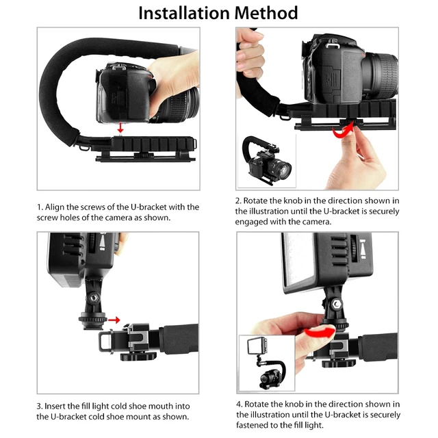 Alt view image 7 of 7 - PULUZ U/C Shape Portable Handheld DV Bracket Stabilizer + LED Fill Light Kit with Cold Shoe Tripod Head for All SLR Cameras and Home DV Camera