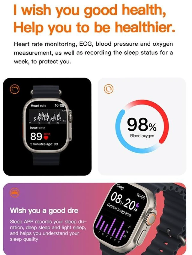 Alt view image 7 of 7 - T800 Ultra 1.99 inch Ocean Silicone Band Smart Watch Support Heart Rate / ECG (Black)
