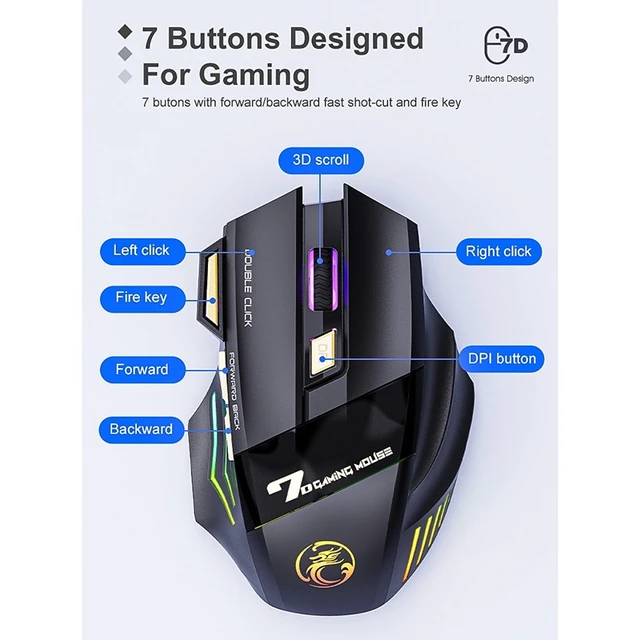 Alt view image 2 of 7 - iMICE GW-X7 7-button Silent Rechargeable Wireless Gaming Mouse with Colorful RGB Lights