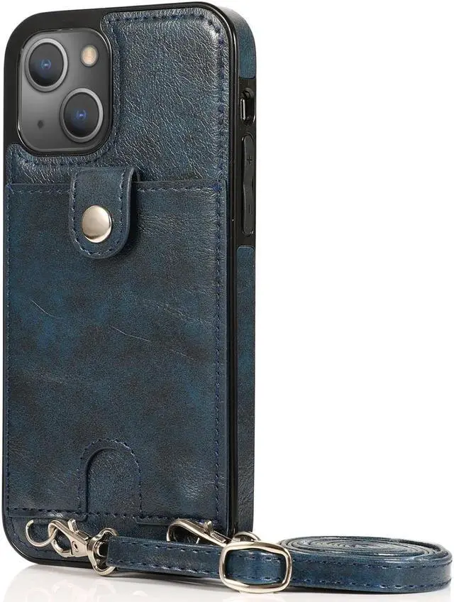 Alt view image 2 of 7 - For iPhone 13 mini Shockproof PU Leather + TPU Protective Case with Card Slot & Lanyard (Blue)