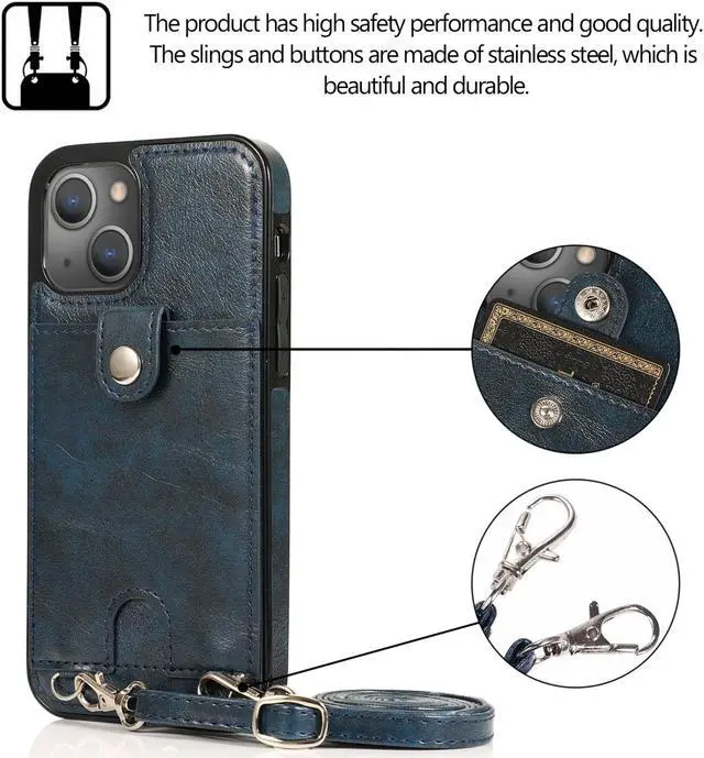 Alt view image 4 of 7 - For iPhone 13 mini Shockproof PU Leather + TPU Protective Case with Card Slot & Lanyard (Blue)
