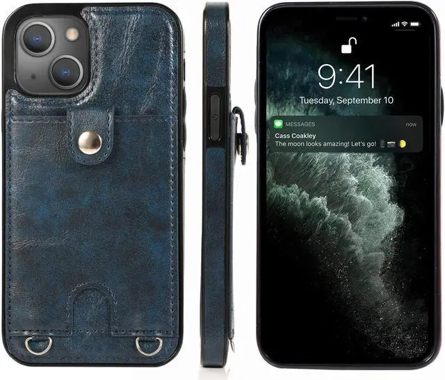 Main image of For iPhone 13 mini Shockproof PU Leather + TPU Protective Case with Card Slot & Lanyard (Blue)