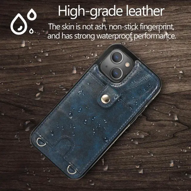 Alt view image 5 of 7 - For iPhone 13 mini Shockproof PU Leather + TPU Protective Case with Card Slot & Lanyard (Blue)