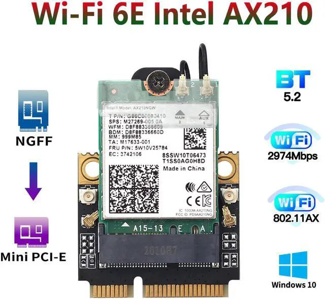 Alt view image 2 of 5 - Mini PCI-E Wifi 6E Adapter Intel AX210 Bluetooth 5.2 Wifi 6 Card 2.4G 5Ghz 6Ghz Wireless 3000Mbps AX210NGW 802.11ax/ac 160Mhz