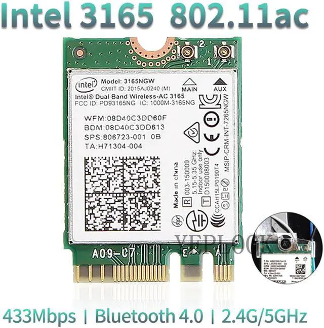 Alt view image 2 of 7 - AC3165 3165NGW WiFi Card M.2 NGFF BT4.0 Dual Band 2.4G/5Ghz 433Mbps Network Adapter Card Wireless-AC 3165 802.11ac