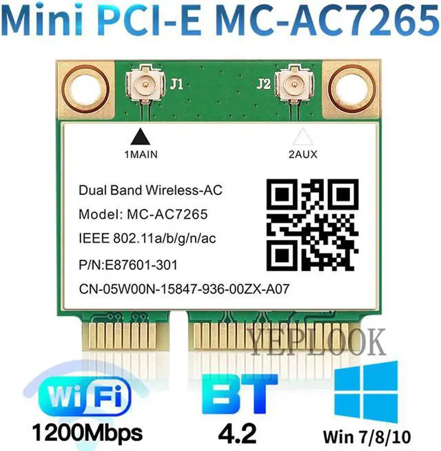 Main image of 1200Mbps Wireless MC-AC7265 Intel 7265HMW Half Mini PCI-E Wifi Card 802.11ac 2x2 WiFi + BT4.2 Dual Band 2.4G/5GHz Network Adapter