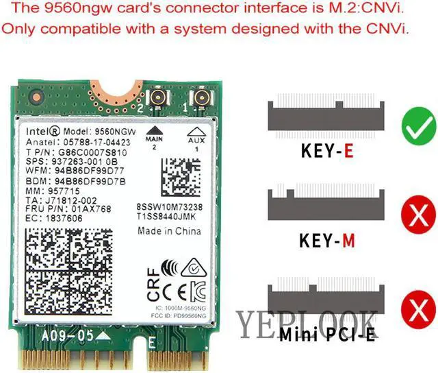 Alt view image 3 of 4 - Wireless-AC 9560 9560NGW 9560AC 1730Mbps Wi-Fi+BT 5.0 Dual Band 2.4G/5Ghz 802.11ac 2x2 NGFF key E M.2: CNVio Wireless Network Card