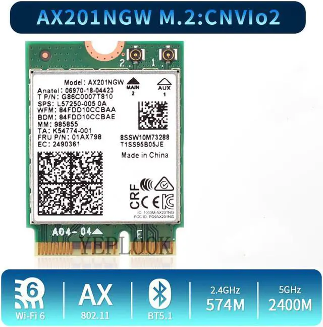 Alt view image 2 of 5 - Wi-Fi 6 3000Mbps Intel Wifi Card AX201 AX201NGW Dual Band 2.4Ghz/5Ghz 2.4Gbps M.2 Key E CNVio 2 Wireless Card Bluetooth 5.0 802.11ac/ax