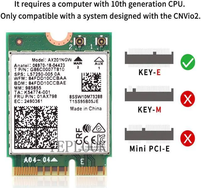 Alt view image 5 of 5 - Wi-Fi 6 3000Mbps Intel Wifi Card AX201 AX201NGW Dual Band 2.4Ghz/5Ghz 2.4Gbps M.2 Key E CNVio 2 Wireless Card Bluetooth 5.0 802.11ac/ax