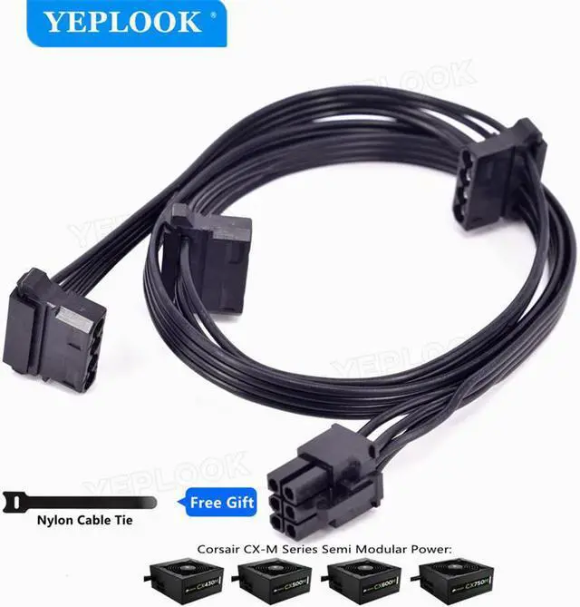 Main image of PCIe 6Pin to 3 IDE Molex 4Pin, 6Pin to 4Pin GPU Power Supply Cable for Corsair CX-M Series PSU CX850M CX750M CX600M CX500M CX430M