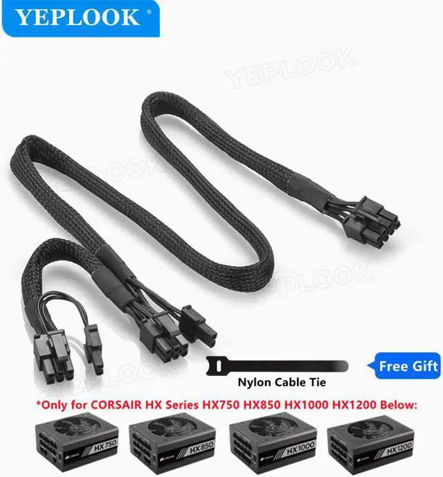 Main image of PCIe 8Pin to Dual 8Pin 6+2Pin GPU Power Cable Sleeved For Corsair HX Series HX750 HX850 HX1000 HX1200 Full Modular PSU 60+20CM