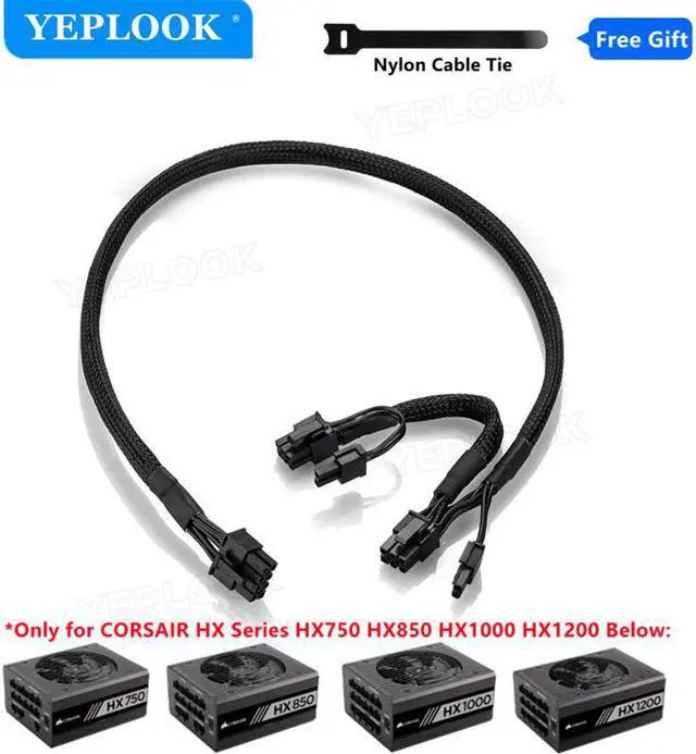 Alt view image 2 of 7 - PCIe 8Pin to Dual 8Pin 6+2Pin GPU Power Cable Sleeved For Corsair HX Series HX750 HX850 HX1000 HX1200 Full Modular PSU 60+20CM