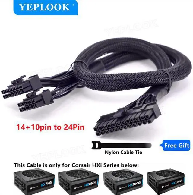 Main image of 14pin+10Pin to 24Pin 20+4Pin Power Supply Cable Sleeved For Corsair HXi Series Full Modular PSU HX750i HX850i HX1000i HX1200i