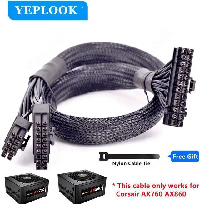 Main image of 10pin+18Pin to 24Pin 20+4Pin Power Supply Cable Sleeved For Corsair AX760 AX860 AX Series Modular PSU 60CM 18AWG