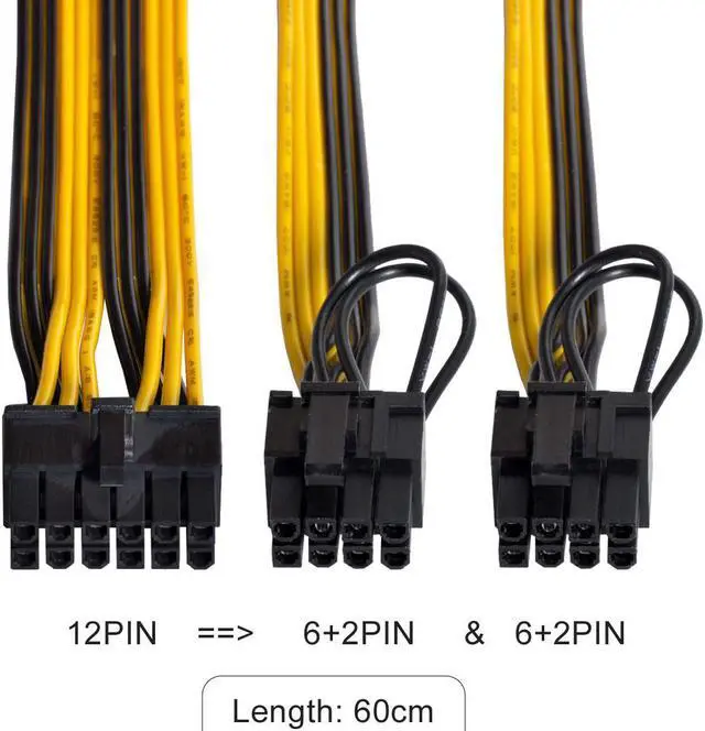 Alt view image 4 of 6 - 12Pin to Dual 8Pin PCIe 8Pin(6Pin+2Pin) GPU Cable 18AWG 60+60CM Black Yellow For GPU 3080 3090 2060 Seasonic P-860 P-1000 X-1050