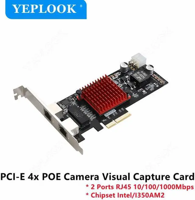 Main image of PCI-E 4x to 2 Ports POE Camera Visual Capture Card 10/100/1000Mbps PCIe Gigabit Network Ethernet Converter Chipset Intel I350AM2