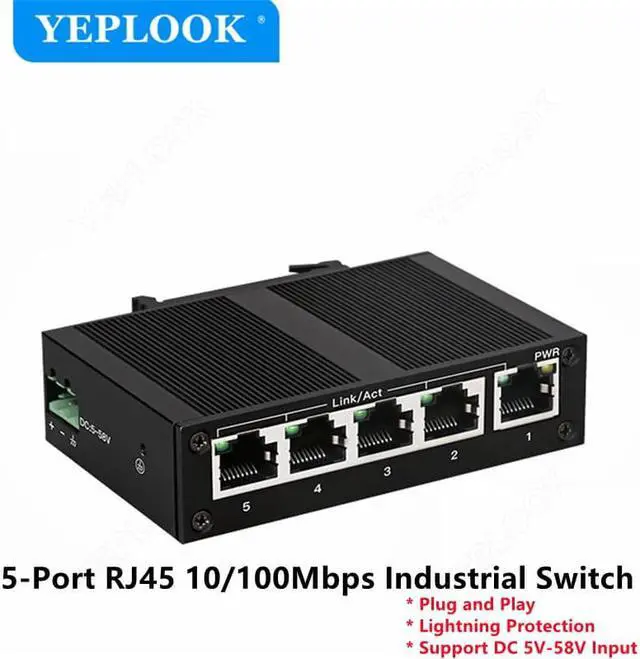 Main image of 5 Ports RJ45 10/100Mbps Industrial Switch, Ethernet Network Switch, Support DC 5V-58V Input, Plug and Play, Lightning Protection