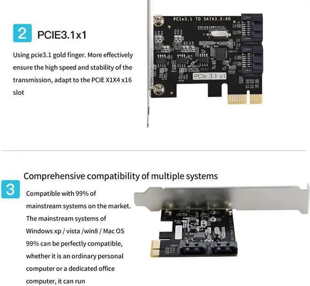 Alt view image 6 of 6 - PCIe 1x to 2 SATA3.0 SATA III 6Gb/s JMS582 Chipset PCI Express x1 SATA Expansion Controller Adapter Card