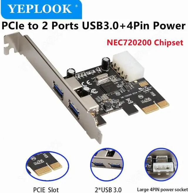 Main image of PCIe 1x to 2 Port USB3.0 + 4Pin Power Supply Port High Speed 5Gbps PCI Express Expansion Card Riser Card Adapter NEC720200 Chip