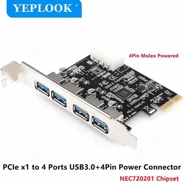 Main image of PCIe 1x to 4 Port USB3.0 Expansion Card 4Pin Power Connector PCI Express Adapter USB 3.0 Hub High Speed 5Gbps Chipset NEC720201